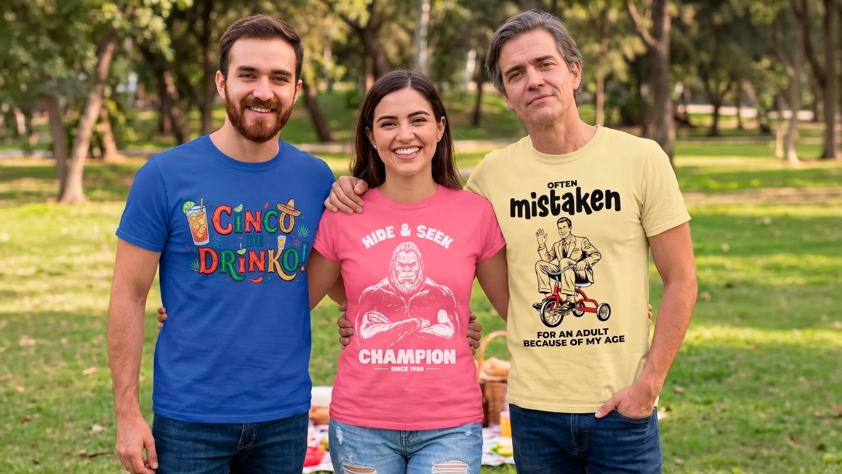 Three adults stand outdoors in a park, smiling. Each wears a colorful graphic T-shirt with humorous text: “Cinco De Drinko!”, “Hide & Seek Champion,” and “Often mistaken for an adult because of my age.”.